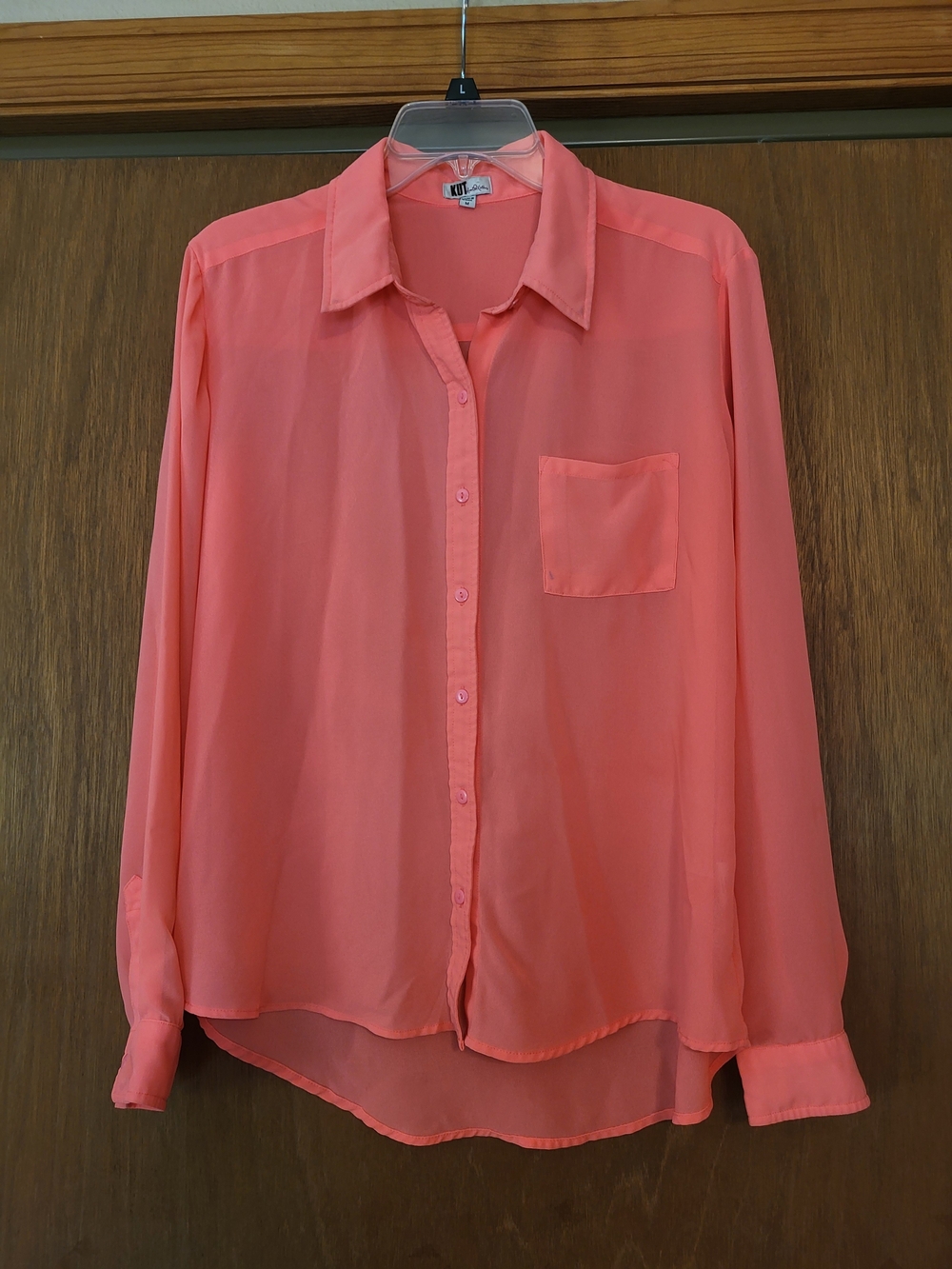 Kut From The Kloth Coral Button-Front Sheer Blouse, M
